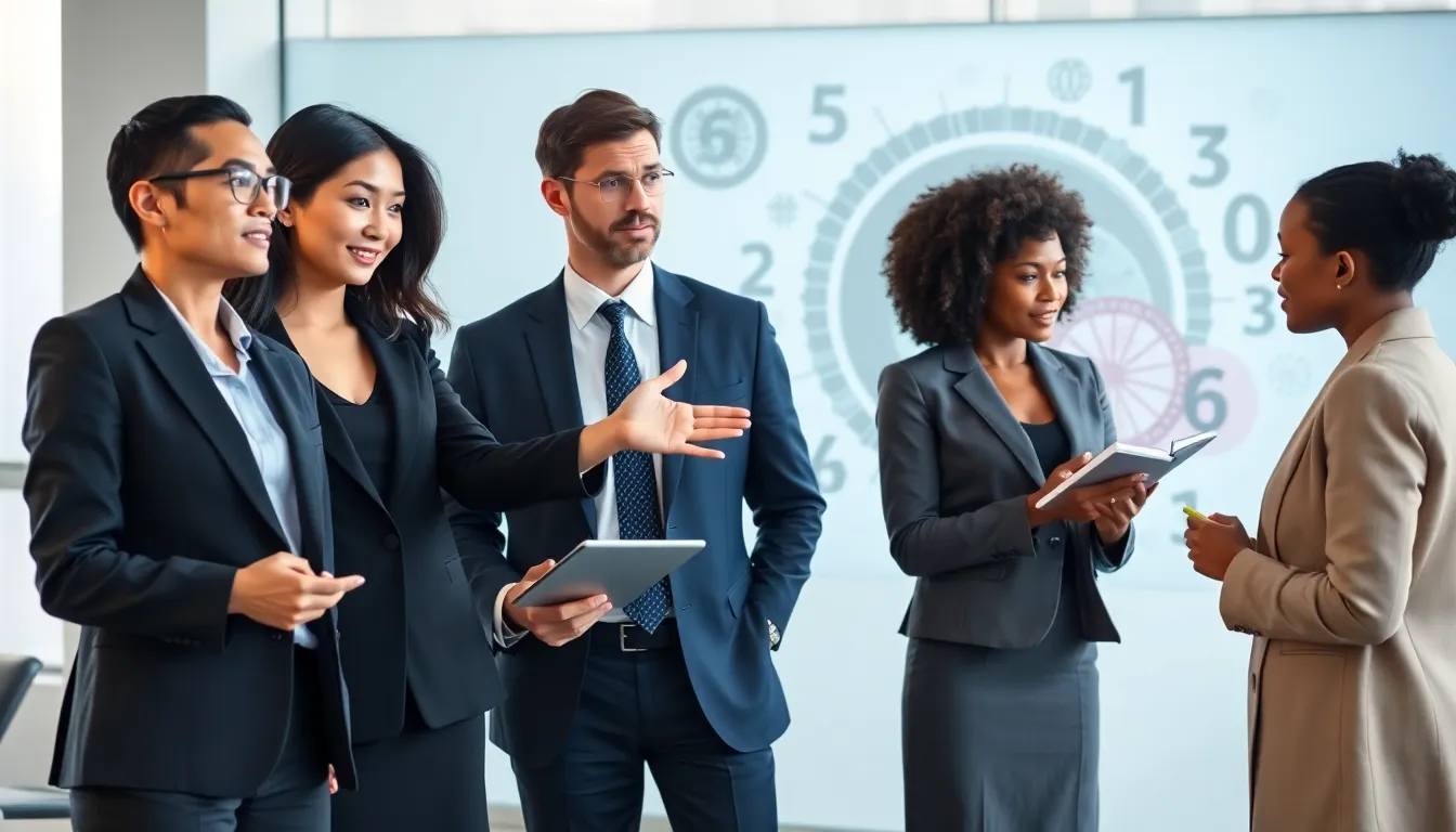 diverse professionals discussing the cultural significance of numbers in a modern office.